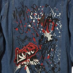 The Style Between Us Denim Jacket Blue Cotton Graphic Distressed